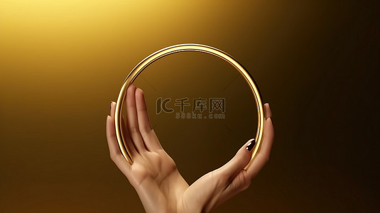 创意产品展示背景图片_优雅的手抓圆形金色框架背景化妆品时尚产品展示 3D 渲染