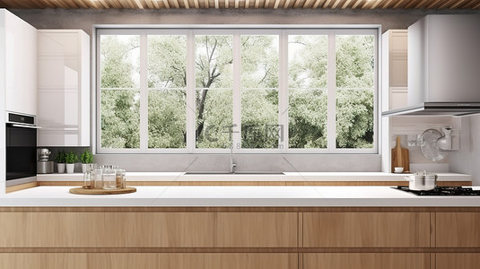 现代厨房采用木质装饰和白色装饰，可欣赏窗外美景