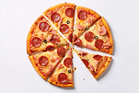 意大利雕塑背景图片_中间切出的披萨，上面有不同的配料，意大利辣香肠片