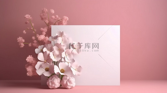 叶子花边框背景图片_带有植物邀请卡和花卉装饰的方形画布的 3D 渲染