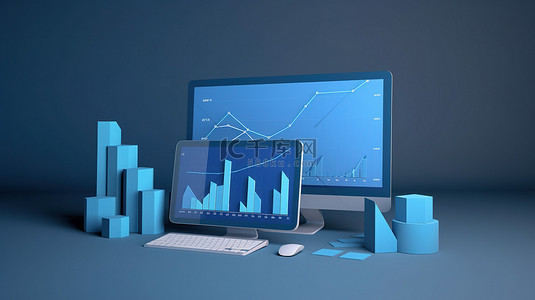服务内容背景图片_通过蓝色背景 3D 渲染增长和目标的在线营销提升您的业务