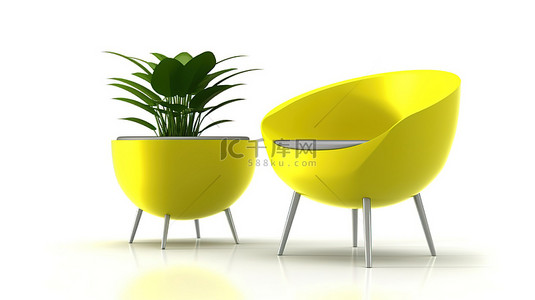以 3D 建模的现代椅子，以白色背景和盆栽植物为背景