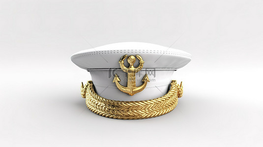 3D 渲染白色背景海洋水手帽，配有金色锚徽