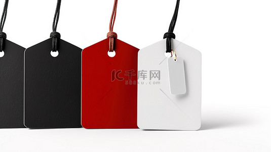 黑色价格标签背景图片_白色背景上带有字符串的红色白色和黑色空白样机标签的 3D 渲染
