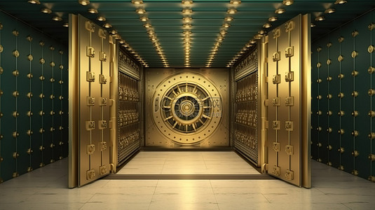 探索巨大的银行金库，门未上锁，展示梯子储藏室和 3D 渲染的金色金条