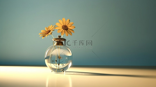 复古的花背景图片_玻璃花瓶中波斯菊的 3D 渲染，带有计时器和阴影场景