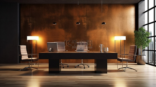 椅子海报背景图片_现代办公室设计，配有 3D 模型海报混凝土墙木地板桌椅和玻璃反射