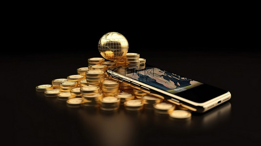 你手机背景图片_你的口袋智能手机中的全球业务，里面有一堆金币和 NASA 的 3D 渲染地球
