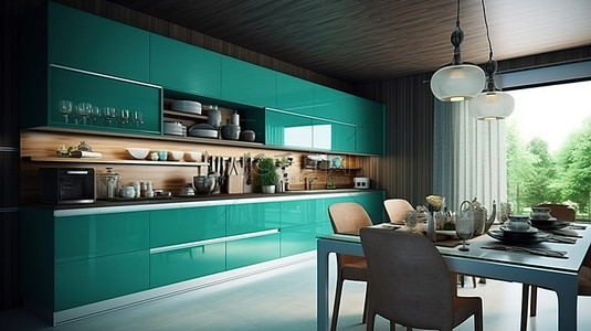 深绿松石色调的现代厨房家具时尚普罗旺斯室内 3D 渲染