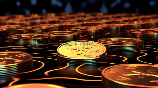 金融金背景图片_黑色场景中堆积的波纹 xrp 硬币的 3d 渲染数字货币用于金融交易和代币交换推广的未来