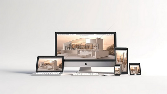 网站设计与建设背景图片_使用各种设备在白色背景上渲染响应式网站设计的 3D 模型