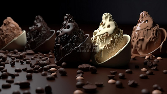 冰淇淋勺背景图片_甜美的 3d 冰淇淋勺，上面覆盖着咖啡奶油黑巧克力和松露