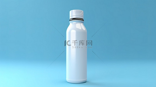 蓝色背景，带有白色塑料运动水瓶的 3D 渲染