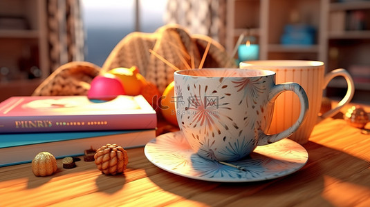 紙人背景图片_3D 渲染中舒适的书和杯子二人组