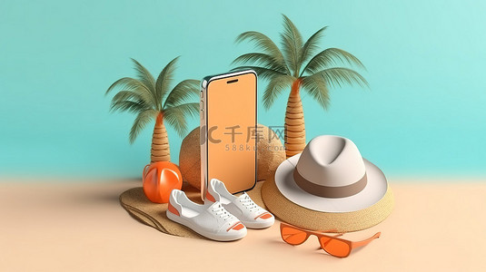 海滩主题手机模型，配有 3D 渲染的夏季配件