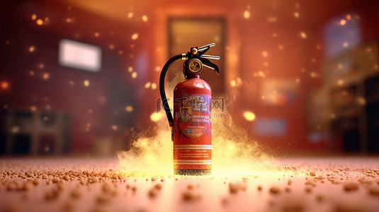 消防安全火焰背景图片_燃烧背景中灭火器的 3d 渲染