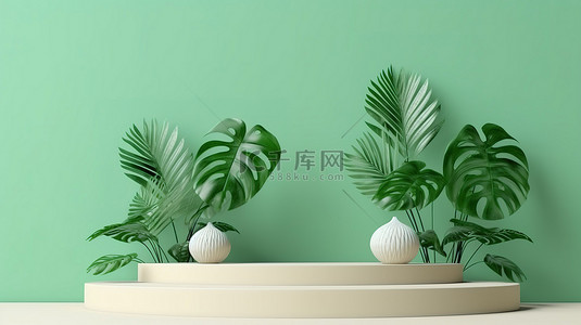 展台台阶背景图片_3D 渲染中的热带植物简约台阶讲台展示