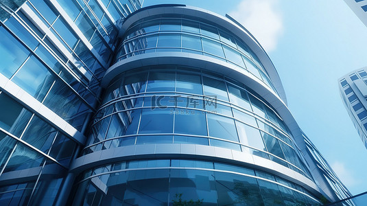 城市背景科技背景图片_未来派办公楼从下面看，具有弧形玻璃窗 3D 渲染
