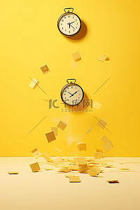 黄色广告字背景图片_时钟从黄色房间掉下来