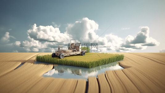 智慧农村背景图片_带有麦田和云彩的 3D 农业景观中浮动平板电脑屏幕上的拖拉机