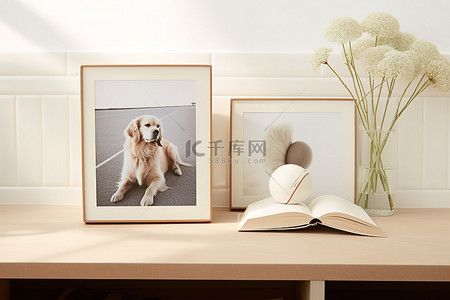 小狗装饰背景图片_桌子上有一个棒球框和两本照片书