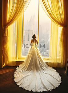 窗帘前穿着婚纱的新娘