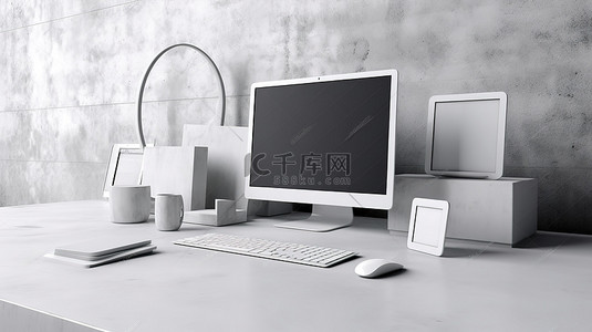 白色混凝土办公桌，配有技术设备 3D 插图