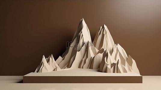 产品展示广告破碎的白色讲台与棕色山形背景 3d 渲染