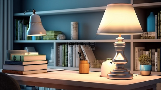 书堆家庭办公桌的 3D 渲染非常适合学习和带灯照明的自由工作