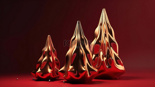 金色金属红色抽象圣诞树锥体 3D 呈现完美的节日季节