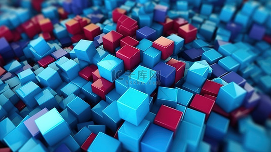充满活力的 3D 几何背景，具有多种随机立方体和凉爽的蓝色配色方案