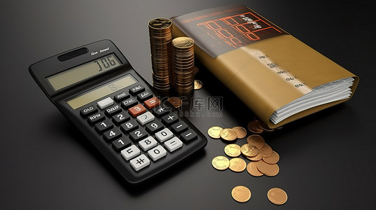 金融支付背景图片_带有百分比钱包和硬币的计算器的 3D 渲染