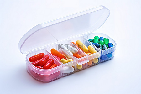彩色塑料药丸储物盒白色背景