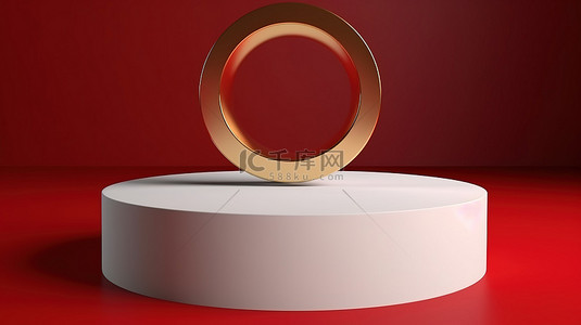 红色背景下 3D 渲染中带有金色支架的白色圆圈的高级照片
