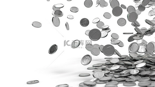 银币背景背景图片_3d 银币从上面下降的插图隔离在白色背景