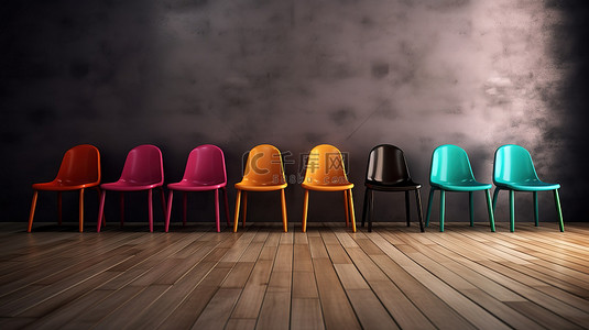 企业领导招聘 3D 渲染一排椅子，其中一个代表工作机会
