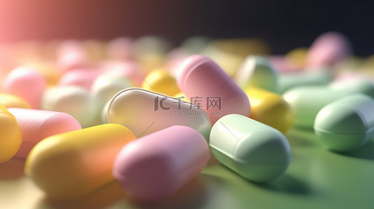 中医疗背景图片_充满活力的 3d 药丸，在模糊的背景中特写了一系列粉红色绿色白色和黄色