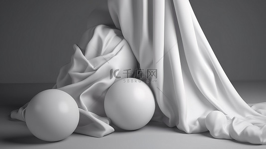 隐藏真实 3D 球体的丝绸窗帘揭示魔术或秘密礼物豪华纺织品与流动组织隔离在灰色背景 3D 渲染