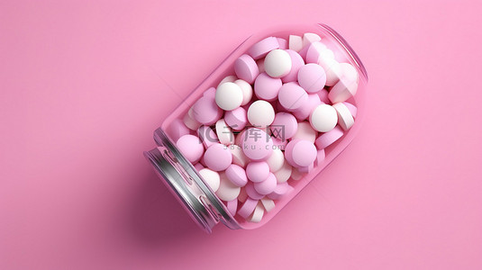 粉红色表面上的罐子和药丸顶视图空白空间，用于定制文本计算机生成的图形