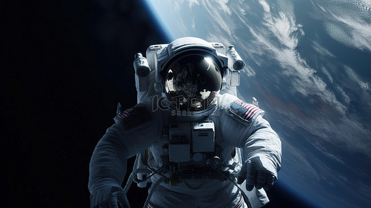 黑夜星空背景背景图片_在令人惊叹的地球夜间景观背景下漂浮在外太空的宇航员的 3D 渲染