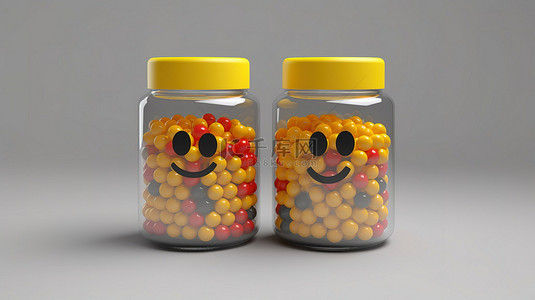 灰色背景 3d 渲染上的两个玻璃罐里满是闪亮的表情符号药丸