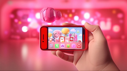 可爱的手抓手机，被 3D 可视化中的 YouTube 徽标包围