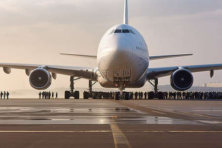 一架大型飞机停在跑道上，跑道上挤满了等待登机的人