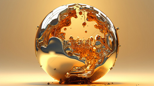 3D 渲染的金色和玻璃球在米色背景上融化