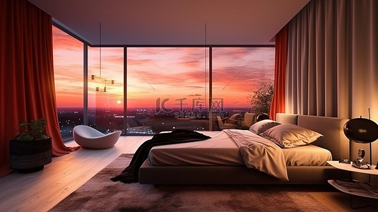 辉煌的历程背景图片_令人惊叹的全景窗户在辉煌的日落 3D 渲染中照亮了现代豪华卧室