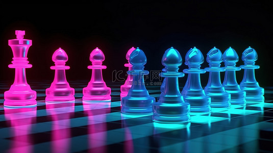 霓虹灯国际象棋棋盘上连续棋子的 3D 插图
