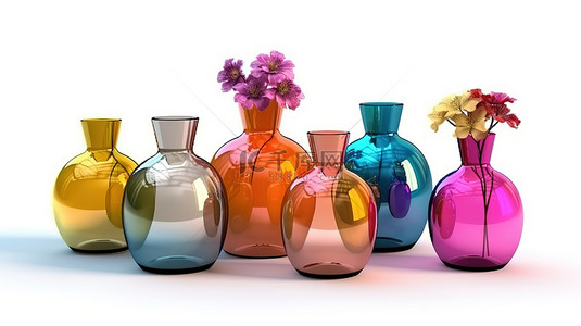 白色背景上充满活力的花瓶和玻璃器皿收集彩色陶瓷瓶 3D 渲染