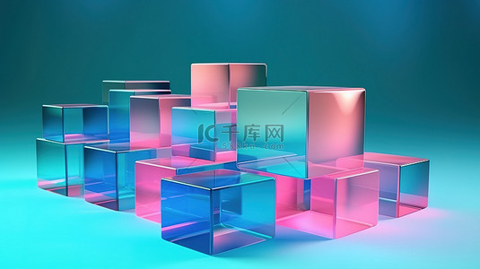 蓝色背景上粉红色绿色和蓝色玻璃透明度几何形状的简约 3D 渲染