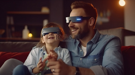 快乐的大胡子爸爸和可爱的儿子拿着遥控器享受 3D 电视