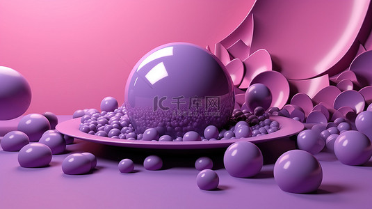 粉色淡背景图片_充满活力的紫色背景上粉红色几何形状的 3D 渲染